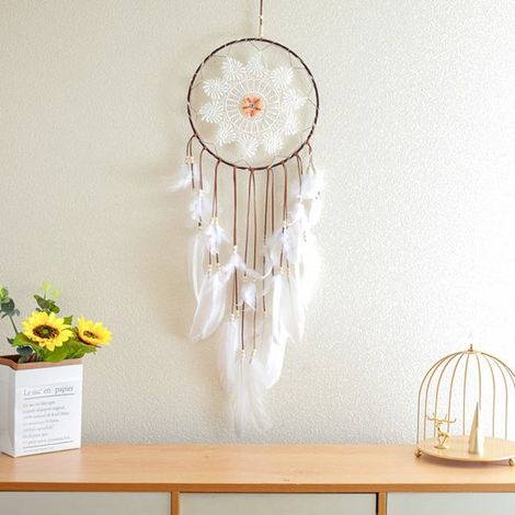 - Acchiappasogni - Fatto a mano - Tappeto bohémien - Decorazione da parete - Camera da letto - Ragazze e ragazzi - Matrimonio // Compleanno - Decorazione - Acchiappasogni in piuma tessuto a mano - Ada (1/5)