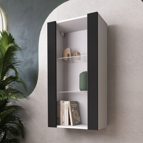 Komodee Vitrine Suspendue Tivoli Vertical 100, Blanc/Noir, Sans LED Largeur 100cm x Hauteur 50cm x Profondeur 29,5cm, 2 étagères en verre, pour Salon, Chambre (1/5)