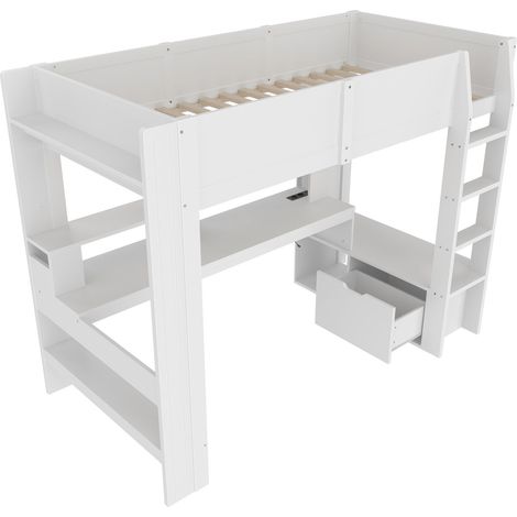 Lit mezzanine 90200 cm, lit gaming avec bureau, avec LED, bureau, tiroir, étagères, sans matelas, blanc