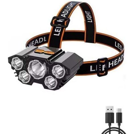 Linterna frontal LED de 5 cabezales, recargable por USB, súper brillante, ajustable, ideal para acampar y proyectos de bricolaje [Clase de energía G] (1/4)