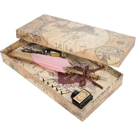 Feather Pen Set Gold Head Dipped Water Vintage Writing Tool Retro Calligraphy GiftLight Pink (1/5)