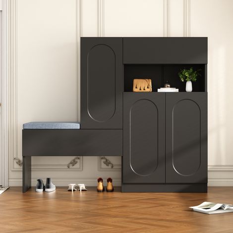 Armoire à chaussures tendance 2-en-1 portes voûtées fermeture douce compartiments réglables établi rembourré noir 130×35×110 cm.