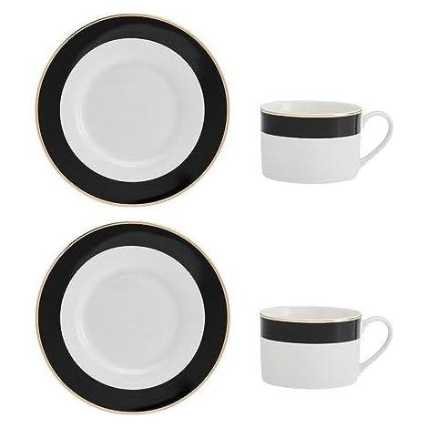 Mikasa Luxe Deco Juego de Taza y Platillo de Té en Porcelana, 2x Tazas de Té y Platillos con Diseño de Rayas, Tazas de 200ml - En Caja de Regalo y Apto para Lavavajillas