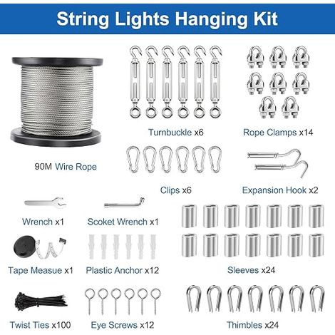 Cable inox 3mm , Kit de tendeur pour câble en acier inoxydable, Torons 7x7, résistance à la rupture de 400 kg, pour Plantes Grimpante, Extérieur Suspension, Corde a linge (1/4)