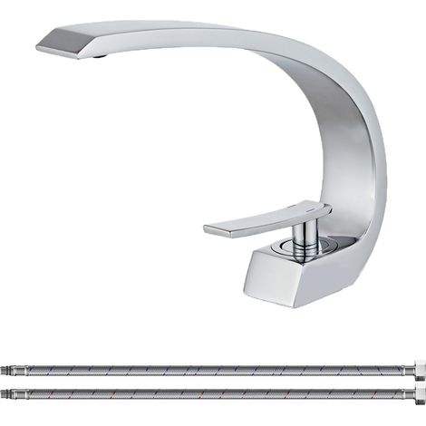 Verchromter Waschtischhahn mit Zulaufschlauch, Einloch-Waschtischarmatur mit einzigartigem Design, Waschtischmischer