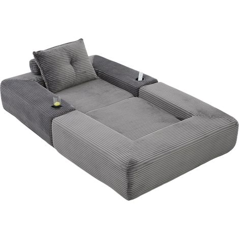 Sofá Cama Convertible 2 Plazas con Bolsillos Laterales y Portavasos, en Pana Gris Oscuro (1/5)