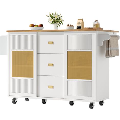 Îlot de cuisine blanc 146,85 x 70 x 90 cm avec table rabattable, rangements à 3 niveaux, portes coulissantes, roulettes pivotantes et poignées métal - CHICFURN (1/5)