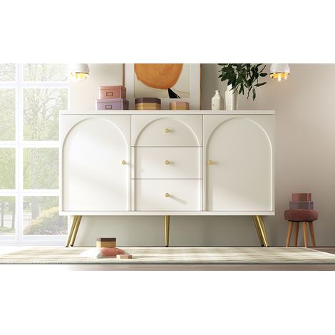 Buffet avec 2 portes et 3 tiroirs, blanc crème, meuble à portes avec tiroirs, étagère réglable, pour salon et chambre, H84/B140/T40 cm (1/5)