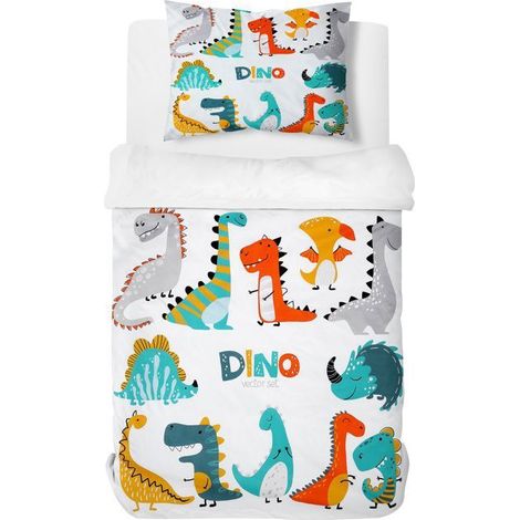 1 Parure de lit enfant, Housse de couette 140x200cm, Taie d'oreiller 50x75cm, Motif dinosaures, Microfibre, Chambre