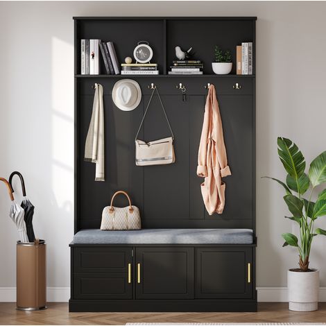 Garderobenstaender aus Spanplatte in Schwarz mit 6 Haken, Sitzbank und Schuhregal, 120 x 40 x 191 cm, freistehend (1/5)