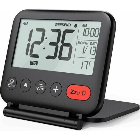 Réveil de voyage Mini horloge numérique LCD portable avec calendrier rétro-éclairé 12/24 heures température miroir de maquillage petite horloge de bureau pliante alimentée par batterie (noir)-BDD (1/5)