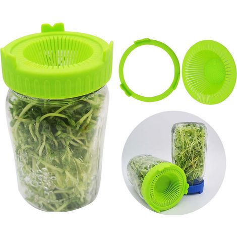 Kit per la coltivazione di microgreens in 4 pezzi: setaccio per fagioli, tappi di plastica per la conservazione, verde, germinazione.