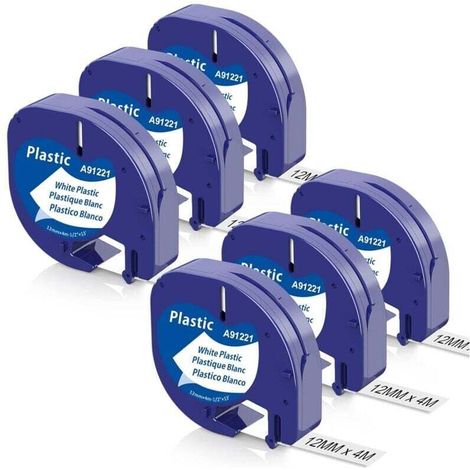 Nastro adesivo per etichette in plastica nero su fondo bianco, 12 mm × 4 m, compatibile con le etichettatrici Letratag XR, LT-100H, LT-100T e 200B (6 rotoli) (1/5)
