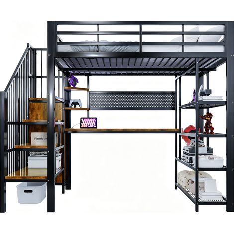 Lit mezzanine en métal 140x200 avec grand bureau, escalier de rangement, éclairage LED, prises et étagères, Noir (1/5)