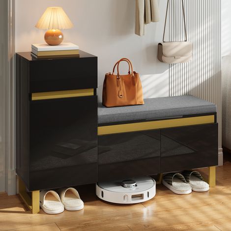 Meuble à chaussures 120 x 35 x 85 cm - 1 tiroir et 3 portes - Avec banc à chaussures rembourré - Noir (1/5)