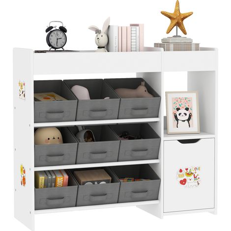 Spielzeugregal für Kinder mit 9 Schubladen, weißer Stoffschrank, Aufbewahrungseinheit für das Kinderzimmer, Spielzeugorganizer mit Fächern, multifunktionales Regal für die frühe Kindheit.