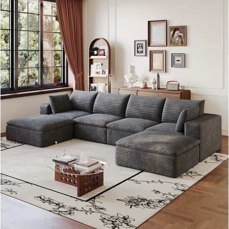 Divano modulare angolare 340 cm in velluto a coste grigio scuro, senza montaggio, OKWISH (1/5)