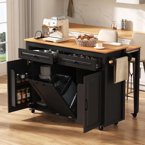 Isola da cucina 120x40-75x92 cm nera in MDF con piano estraibile e ruote (1/5)