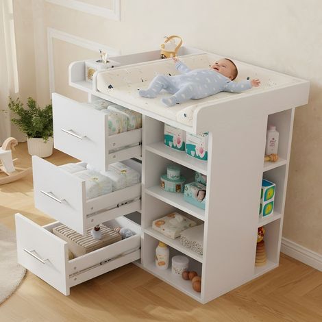 Table à langer blanche avec rangements : 3 tiroirs, étagères réglables, espace latéral de stockage et plan de change avec séparateurs – gain de place pour chambre de bébé (1/5)