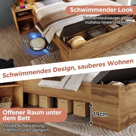 Lit 180x200 en bois massif avec tête de lit rabattable en lin, rangements intégrés, 2 tables de nuit, banquette-coffre, lampes USB, sommier à lattes, finition chêne, sans matelas (1/5)