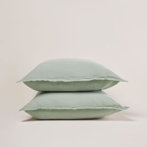 Lot de 2 taies d'oreiller en Gaze de coton lavé finition frangée, 65x65 cm LOU (1/3)