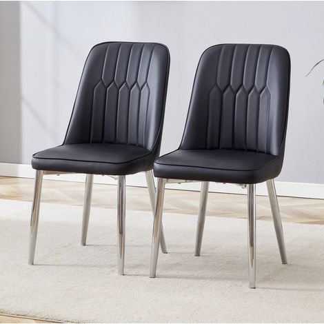 Chaise de salle à manger en métal noir et PU noir avec pieds argentés, ergonomique et facile d'entretien,43×41.5×89cm (1/5)
