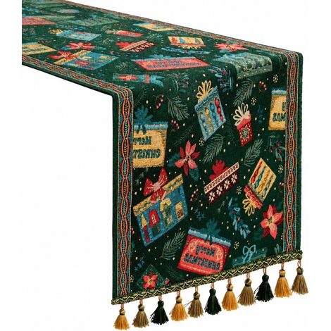 Chemin de table de Noël, jacquard vert, 35 x 180 cm, décor de table de Noël, 35 x 220 cm, dentelle à pompons (1/5)