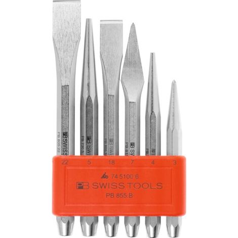 PB Swiss Tools Jeu de burins et de chasse-pointes sur support en plastique Qualité spéciale, Nombre d'outils: 6