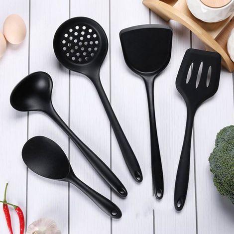 Ustensiles De Cuisine En Silicone - 5 Pièces - Résistant Jusqu'à 230 °C - Pour Cuisinières Et Pâtissières - Noir