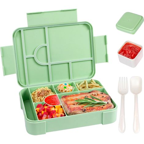 Boîte à bento, 6 compartiments individuels en plastique, livrée avec une cuillère et une fourchette, boîte à lunch verte. (1/5)