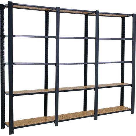 OFFICLICK Étagère 5 étagères en métal sans vis (210x240x30cm) ANTHRACITE ET OSB