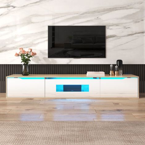 Vitrine & meuble TV 180×30×35 cm – couleur chêne + blanc laqué, LED 16 couleurs (1/5)