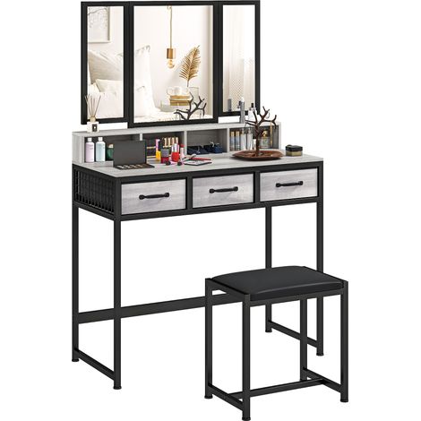 Coiffeuse grise avec miroir triptyque amovible, tabouret assorti, 3 tiroirs en tissu et support sèche-cheveux