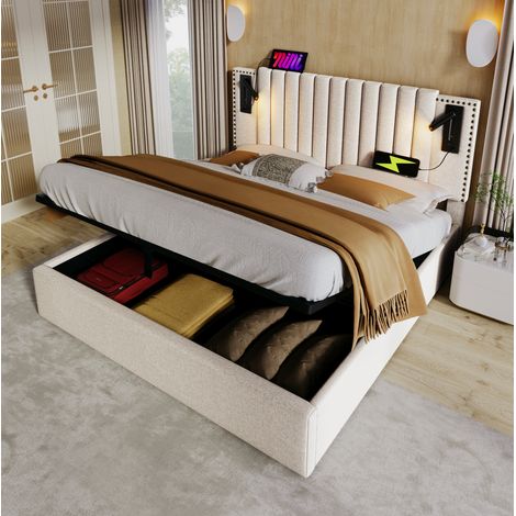 Bett Doppelbett Stauraum 180x200 mit USB Beige OKMYHOME (1/5)