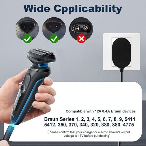 12V 0,4A Ladegerät für Braun Rasierer Serie 9/7/6/5/4/3/2/1, 1 m langes elektrisches Ersatz-Netzkabel, Ladekabeladapter für Braun (1/5)