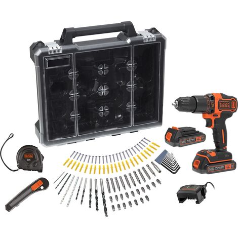 BLACK+DECKER Trapano a percussione da 18V, 2 batterie da 2Ah, caricabatterie da 400mA, 100 accessori, custodia, BDCHD18D2AB-QW (1/5)