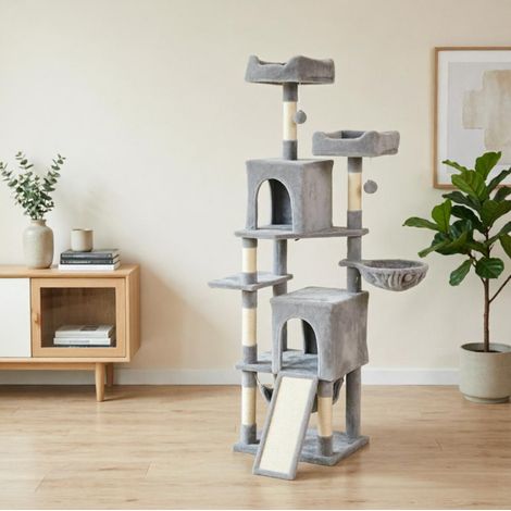 Árbol para gatos (48x40x177 cm), con 2 camas, 2 nichos, hamaca y postes rascadores, gris claro (1/5)