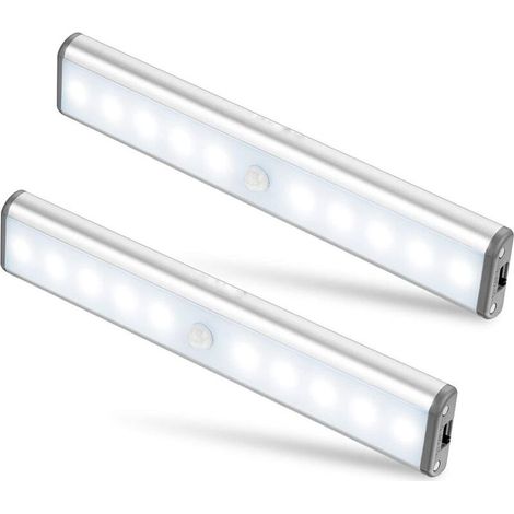 Lot de 2 Lampes 10 LED, Sans Fil, Rechargeable par USB, Aimanté, Détecteur de Mouvement, 2 Modes d’Éclairage, Portable. Lumière de Placard, Baladeuse de Secours, Veilleuse Enfant, Appoint (1/4)