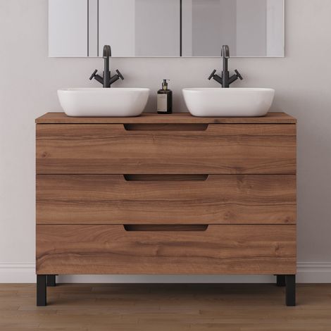 Meuble de salle de bain 120cm avec plateau et 2 vasques à poser arrondies - 3 tiroirs - sans miroir - noyer (bois foncé) - RIZA (1/5)