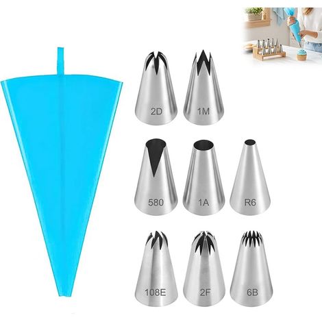 Douilles Pâtisserie Inox avec Poche à Douille Réutilisable, 9 Pièces Kit Décoration Gâteau, 8 Embouts de Glaçage Numérotés 1A 1M 2D 2F 580 R6 108E 6B, Accessoires Pâtisserie pour Cupcakes (1/5)