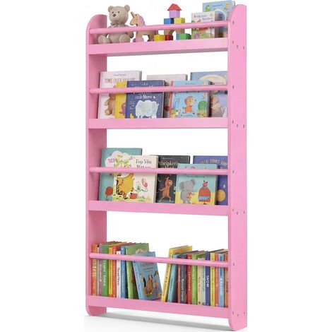 COSTWAY Bibliothèque Enfant Murale Montessori à 4 Niveaux, Étagère à Livres avec Baffles Anti-Chute, Kit Anti-basculement pour Chambre Nurserie Classe, 56x12x107 cm (Rose) (1/5)