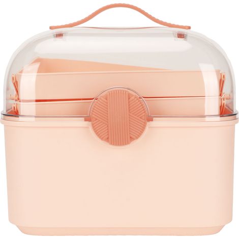 Boîte de rangement transparente à grande capacité, étanche à la poussière, portable avec poignée, compartiments superposés, pour maison et bureau, rose
