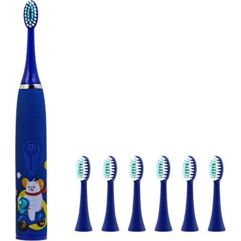 Ynkkvre - Brosse à dents électrique pour enfants - Étanche IPX7 - Vibrations douces pour les gencives sensibles - 6 têtes de brosse - À partir de 6 ans - Bleu (1/5)