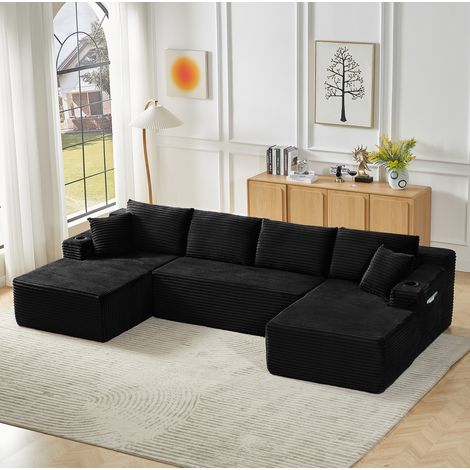 Sofá modular en U de terciopelo acanalado negro DESVIAE (1/5)