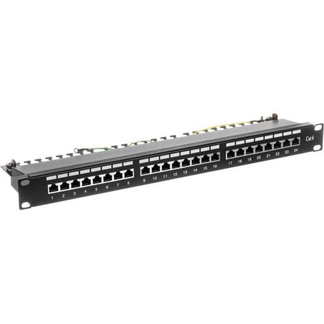 Pannello di permutazione completo da 19 pollici con 24 connettori RJ45 S/FTP cat. 6, formato 1U, con vassoio, colore nero (RAL 9005) DN-91624S-EC