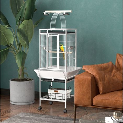 Cage à perroquet avec support, 3 portes, roulettes, 62,5 x 62,5 x 156 cm, blanc HAVRYA (1/4)