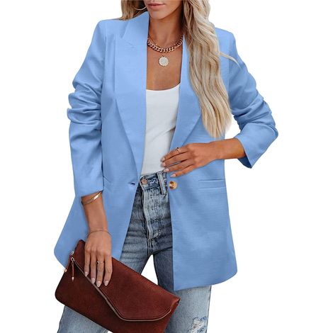 Veste de tailleur femme à manches longues, couleur unie, style décontracté, en polyester doux, idéale pour le travail et les activités de plein air, bleue, XXXL (1/5)