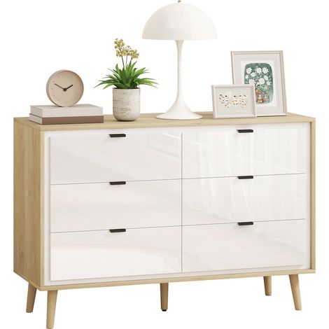 Commode à 6 tiroirs en bois pour chambre, 110 x 40 x 75 cm, blanc brillant et chêne (1/5)