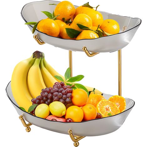 Zweistöckiger Obstkorb aus Acryl mit Metallgestell und Servierschalen für die Küchentheke. Ideal für Obst, Gemüse, Snacks, Nüsse, Kuchen und Desserts. Perfekt für Partys und Hochzeiten. (1/5)