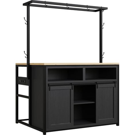 Set de isla de cocina con 2 taburetes, mueble de cocina con enchufe y acabado negro madera (1/5)